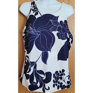 Swim Top Navy White 18 D High Neck Strappy Back Floral Lands' End Women's S80